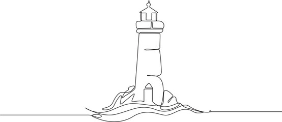 Fototapeta premium Minimalist lighthouse line art illustration on white background for nautical themes.one line art drawing lighthouse tower vector illustration