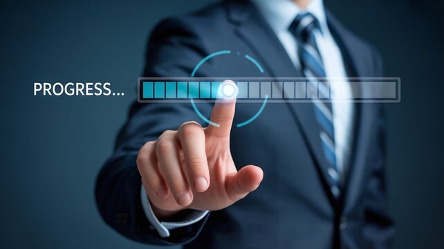 Businessman in suit touching a futuristic digital interface showing a loading or progress bar, illustrating successful growth and achievement