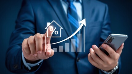 Businessman touching a holographic graph with a rising arrow and house percentage icon, symbolizing increasing real estate prices, mortgage rates, and property value
