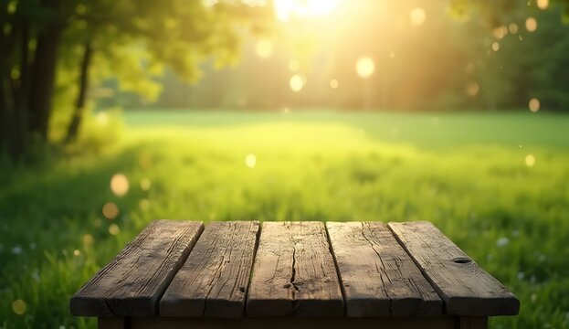 Empty wooden picnic table in a sunlit park with blurred green background