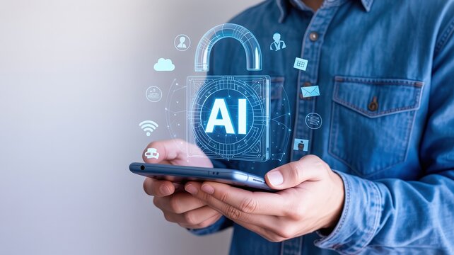 Man holding a smartphone displaying a glowing digital padlock with "AI" text, symbolizing Artificial Intelligence security, data protection, and cyber access
