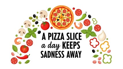 A pizza slice a day keeps sadness away text with ingredients food quote