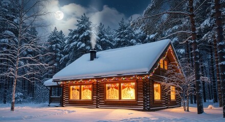 Enchanting Winter Wonderland: A Cozy Log Cabin Illuminated by Christmas Lights Under a Full Moon and Starry Night Sky