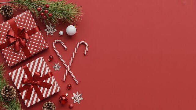 Overhead view of Christmas gifts, candy canes, ornaments, and pine branches arranged on a vibrant red background with copy space