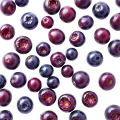 Scattered fresh blueberries and dark purple berries pattern on a clean transparent background, top view
