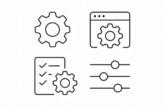 Configurations and Settings: A collection of meticulously crafted, minimalistic icons, showcasing essential setting and configuration tools, perfect for digital interfaces.