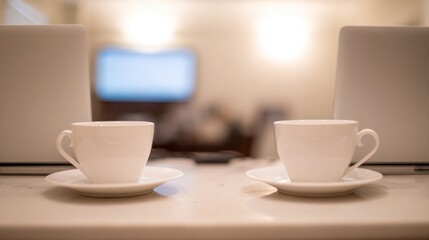 A shared minimalist workstation with two laptops and matching coffee cups under soft lighting. lifestyle magazines.