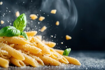 Steaming Gourmet Pasta with Fresh Basil and Grated Parmesan Cheese