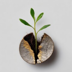 Green Sprout Growing Through Broken Coin Symbolizing New Life