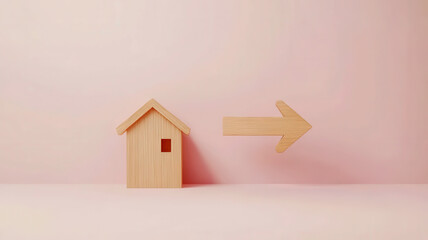 A simple geometric line-art arrow and small wooden house, soft pastel background. Symbolic composition suitable for legal or mediation visuals in real estate, sale and division of property.