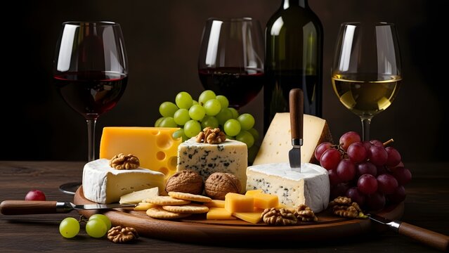 Assorted Cheeses Wine Grapes and Nuts on Wooden Board cheese board cheese platter