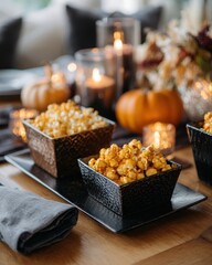Festive Halloween Party Table with Caramel Popcorn and Decor