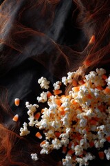 Halloween Themed Flat Lay of Popcorn and Candy on Dark Background