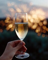 Hand Holding Champagne Glass with Blurred Fireworks in Background