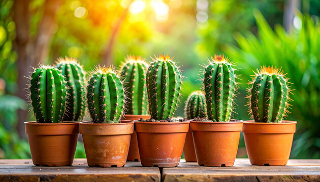 Row of potted cacti with sharp spines against a blurred green background plants succulents