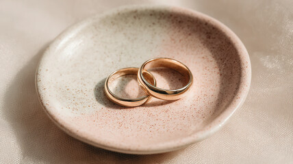 Two golden wedding rings on a light ceramic plate, airy neutral glow. Minimalist still life