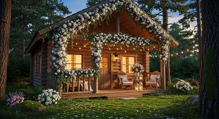 Fototapeta premium Enchanting Log Cabin Adorned with Floral Garlands and String Lights in Forest Setting