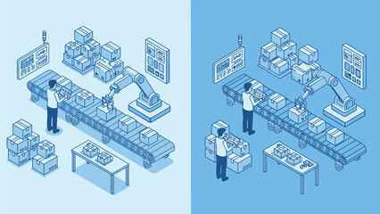 Exploring the future of industrial automation with an isometric view of a worker and a robotic arm on a modern factory conveyor line