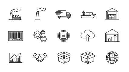 Manufacturing Logistics & Global Business Minimalist Icon Set for Industry, Shipping, Trade and Factory Processes