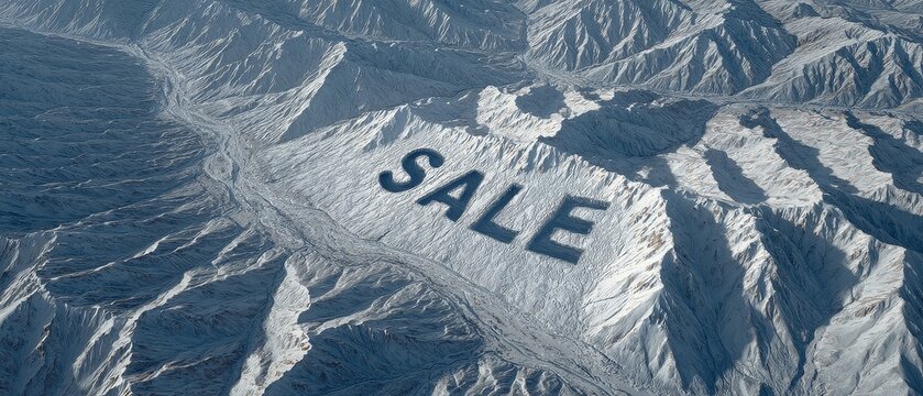 Winter discount concept sale in snow typography over snowy mountains aerial view of ski sale background in winter landscape