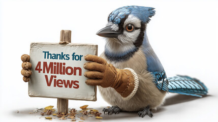 A blue jay is holding a sign titled thanks for 4 million views with his two hands, isolated on a white background.