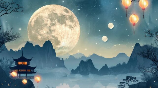 Video A serene mountain landscape under a bright full moon, ideal for use as a peaceful background