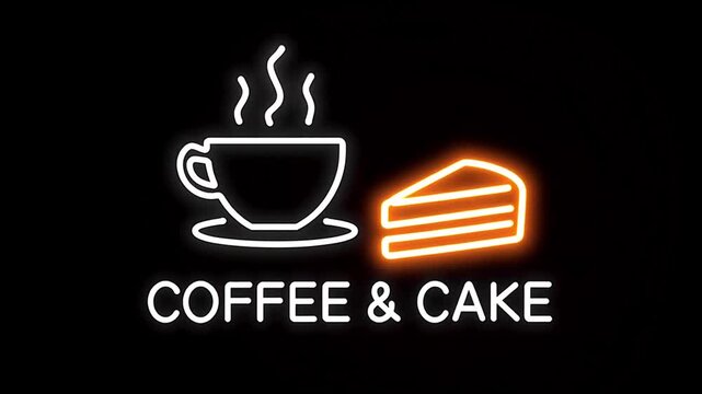 COFFEE & CAKE neon sign showing a hot cup with steam beside a glowing cake slice, white and orange neon tubes, soft alternating glow on a clean black background, simple bright caf&eacute; style.