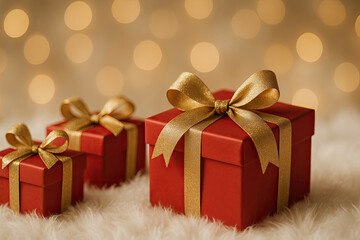 Red gift box with golden ribbon and bow on soft fur