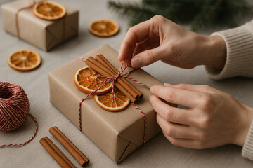 Hands tying string on gift with dried orange and cinnamon