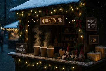 Mulled wine and hot chocolate stand with festive lights and snow