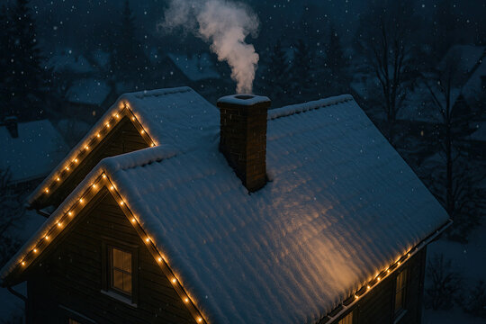 Snowy roof with chimney smoke and warm lights at night