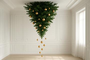Upside down Christmas tree with golden baubles in bright room