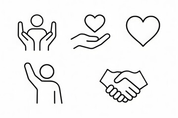 Obraz premium Connected Heart: A collection of simple line drawings portrays acts of compassion, with hearts, open hands, and gestures of human support, symbolizing kindness and togetherness.