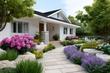 Fototapeta premium House front exterior with lush garden landscaping and walkway