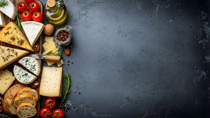 Assortment of Cheeses Bread Tomatoes Olive Oil and Spices on Dark Surface cheese assortment