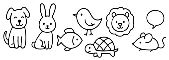 Fototapeta premium Cute Animal Doodle Line Art Illustration, Adorable doodle set with dog, rabbit, bird, fish, lion, turtle, and mouse icons drawn in simple line art style.