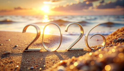Golden 2026 Numbers on Sandy Beach at Sunset new year