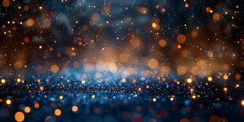 Abstract panoramic background of shimmering blue and golden bokeh glitter lights
