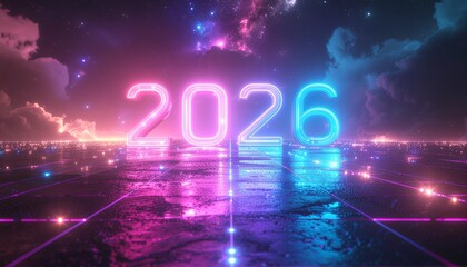 Neon 2026 numbers glowing over futuristic cityscape