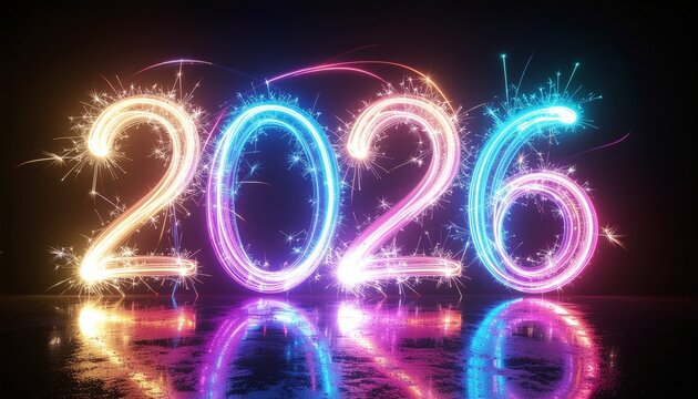 Neon 2026 fireworks light trails on glossy surface