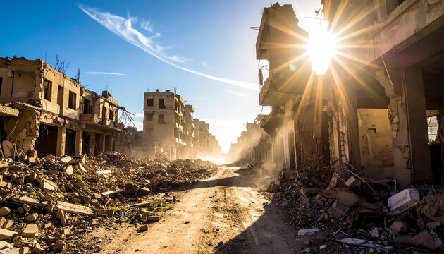 Sunburst Through Damaged Buildings on a Dusty War Torn Street rays