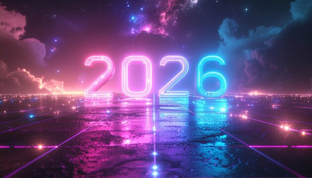 Neon 2026 numbers glowing over futuristic cityscape