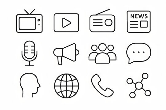 Communication Icons: A collection of concise, modern icons representing the essential elements of modern communication, from television and radio to social interaction and global connectivity. 