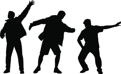 Silhouette of three energetic men dancing and posing with dynamic movements, expressive gestures, modern style, freedom, performance, celebration, and active motion