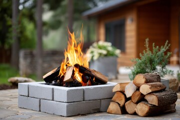 Backyard concrete fire pit burning firewood