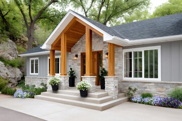 Fototapeta premium Modern house exterior with stone and wood accents