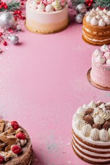 Holiday season celebrating cakes and sweet desserts frame, copy space, vertical