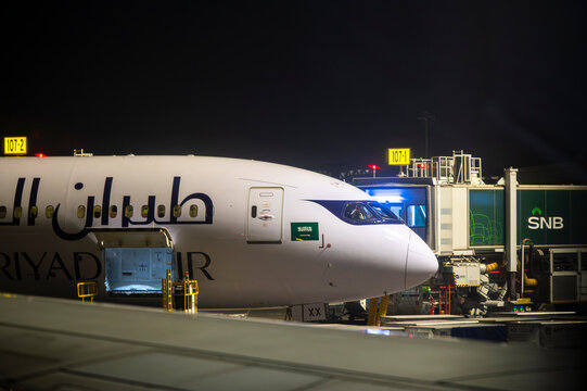 Riyadh, Saudi Arabia - November 25, 2025: Airplane on the Tarmac of King Khalid International Airport (RUH) in Riyadh at Night