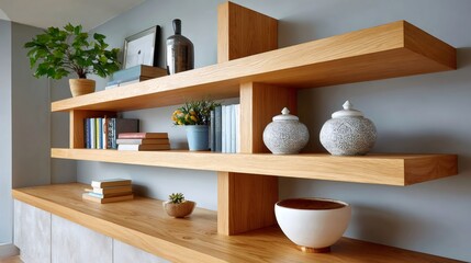 Modern modular wooden shelves decorating a home interior