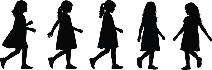 Silhouette sequence of young girl walking in various poses, isolated on white background, illustrating child movement, playful motion, activity, development, and lifestyle